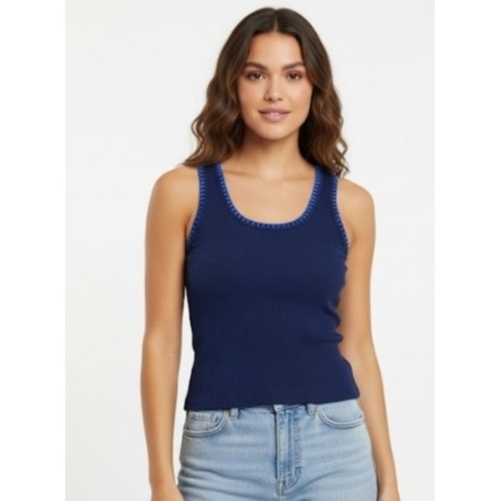 J Crew‎ Top Womens XXS Navy Blue Ribbed Knit Blanket Stitch Trim Tank CJ076